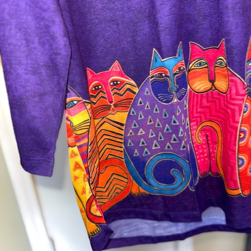 Laurel Burch Cat Art Top XXL Purple Colorful Whimsical 2015 Deadstock NWT - Picture 4 of 13